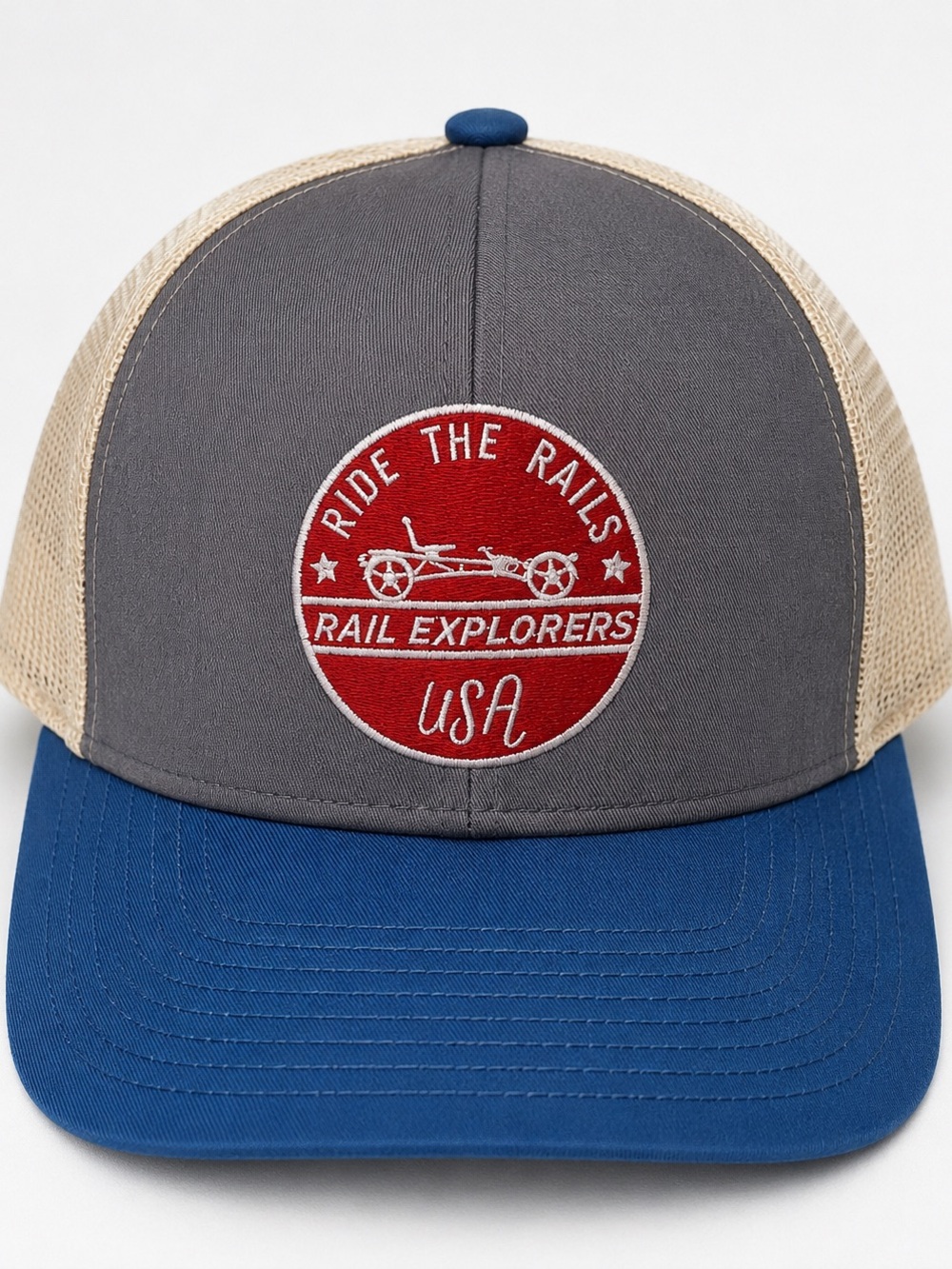 Gray & Blue Trucker Hat with Red Patch